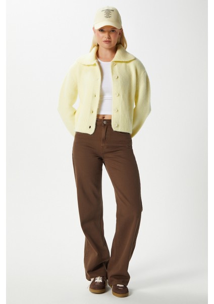 Kadın Lean Yumuşak Doku Polo Yaka Sarı Basic Triko Hırka HI00179 indirimleri