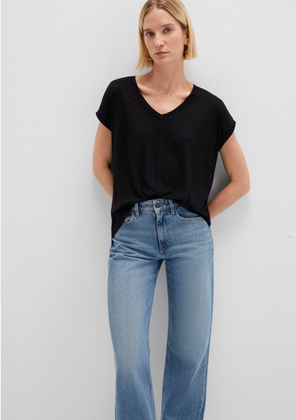 V Yaka Siyah Basic Viskoz Tişört 166449-900