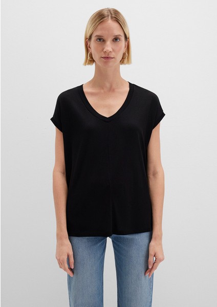 V Yaka Siyah Basic Viskoz Tişört 166449-900