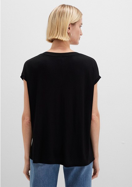 V Yaka Siyah Basic Viskoz Tişört 166449-900