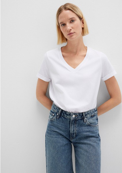 V Yaka Beyaz Basic Tişört 166248-620