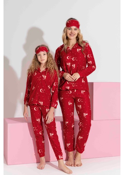 Anne-Kız Kombin Yapılabilir Düğmeli Süet Uzun Kollu Uyku Bantlı Aile Bağı Yılbaşı Pijama TAKIMI-3178