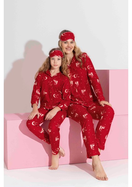 Anne-Kız Kombin Yapılabilir Düğmeli Süet Uzun Kollu Uyku Bantlı Aile Bağı Yılbaşı Pijama TAKIMI-3178 fiyatları