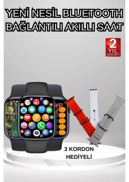 Akıllı Saat Arama Görüşme Bildirim Görme Uyku ve Sağlık Takibi Nabız Ölçer 3 Kordon Hediyeli