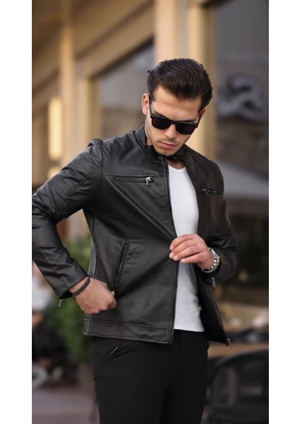 Yeni Sezon Dik Yaka Fermuarlı Erkek Deri Ceket Siyah