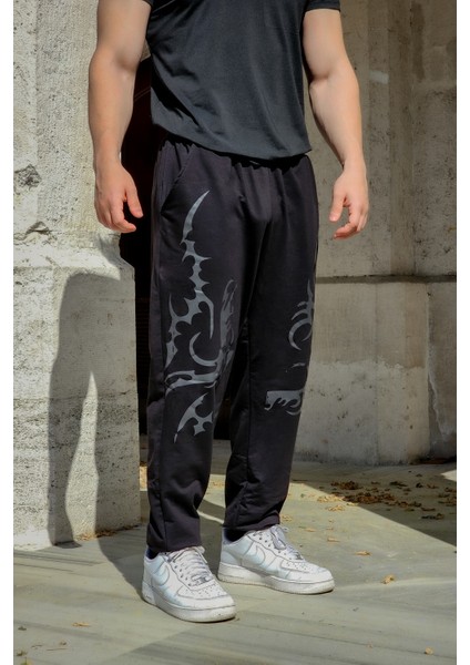Tribal Vortex - Erkek Siyah Eşofman Altı Lastikli Paça Rahat Kesim Cepli Jogger
