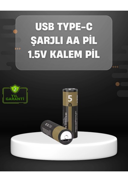USB Type-C Girişli Şarjlı Aa Lityum Pil | 1.5V Sabit Çıkış | 3200MWH (2'li Paket)