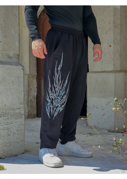Fire - Erkek Siyah Eşofman Altı Lastikli Paça Rahat Kesim Cepli Jogger