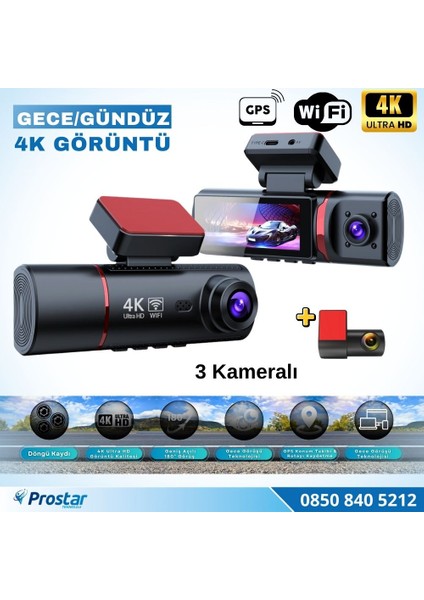 4K Ultra Hd 3 Kameralı Ön, Iç ve Arka Wifi Gps G-Sensör Park Modu Dashcam Kamera