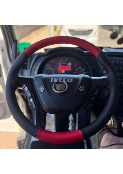 Dikişli Direksiyon Kılıfı Siyah Deri Kırmızı Deri Siyah Dikişli Iveco Stralis Tır Kamyon Için