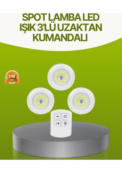 Uzaktan Kumandalı 3 Lü Kablosuz LED Spot Lamba Seti Yapışkanlı Pratik Kullanım