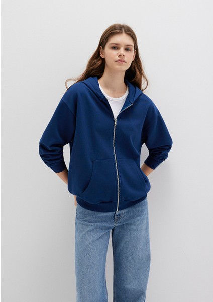 Fermuarlı Kapüşonlu Lacivert Basic Sweatshirt 1611775-82625