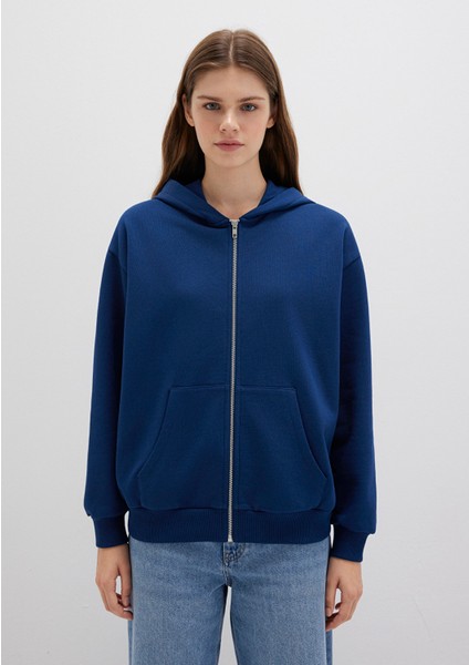 Fermuarlı Kapüşonlu Lacivert Basic Sweatshirt 1611775-82625