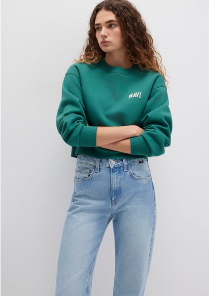 Mavi Logo Baskılı Yeşil Crop Sweatshirt 1611601-71874