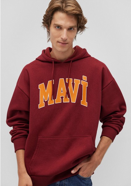 Mavi Logo Baskılı Kapüşonlu Bordo Sweatshirt 067149-85493