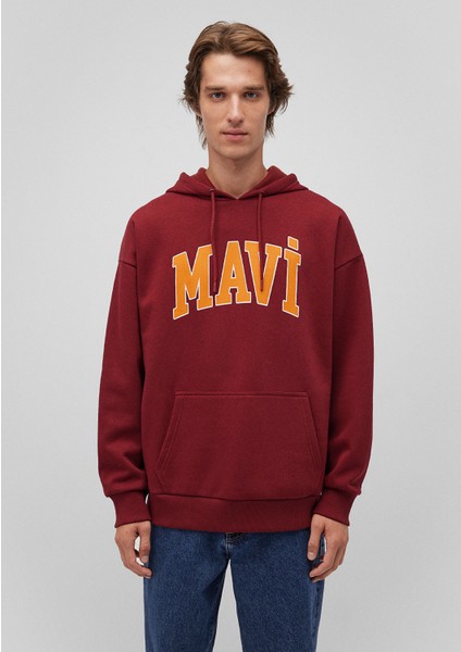 Mavi Logo Baskılı Kapüşonlu Bordo Sweatshirt 067149-85493
