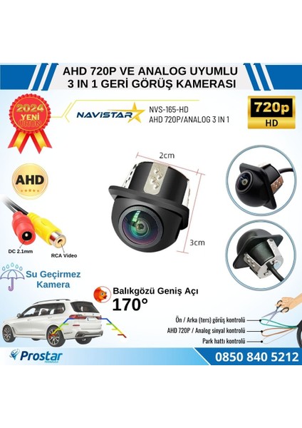 Ahd 720P ve Analog Pal Çevrilebilir 170 Derece Balıkgözü Geniş Açılı Geri Görüş Kamerası