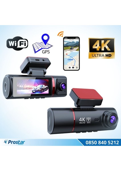 4K Ultra Hd 2 Kameralı Ön ve Iç Wifi Gps G-Sensör Park Modu Dashcam Kamera