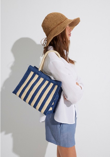 Lacivert Çizgili Hasır Tote Çanta 1912103-30717