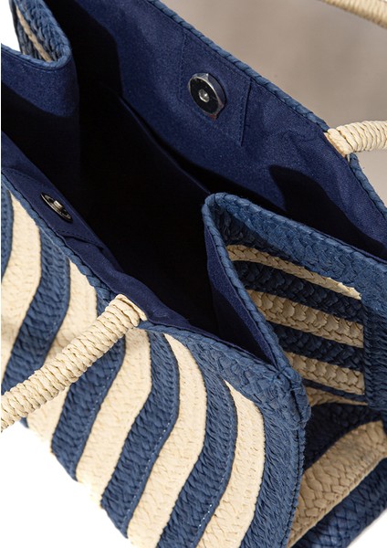 Lacivert Çizgili Hasır Tote Çanta 1912103-30717