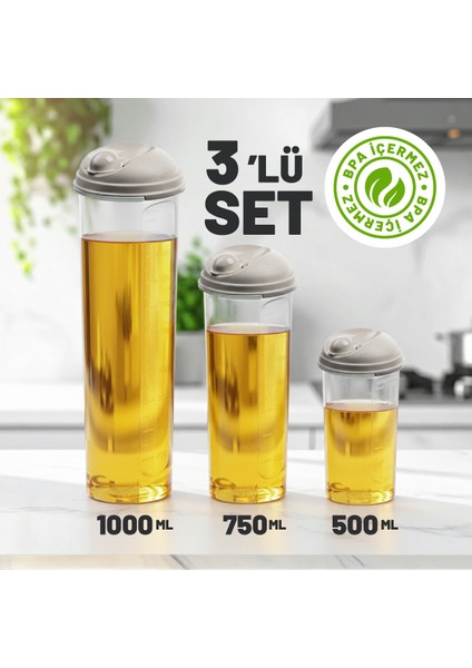 3' Lü Yağdanlık - Ölçekli, Sızdırmaz Kapaklı Yağlık & Sirkelik Seti 1 Lt / 0,75 Lt / 0,50 Lt, Bpa Içermez
