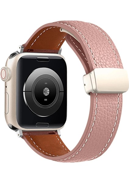 Apple Watch 42MM KR414 Daks Deri Kordon - PEMBE-(5796)