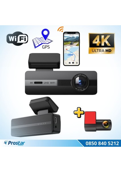 2 Kameralı 4K+1080P Ekransız Wıfı Gps 24 Saat Park Modu Özellikli Dashcam Kamera