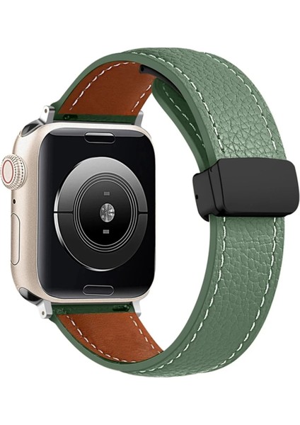 Apple Watch 38MM KR414 Daks Deri Kordon - Koyu YEŞIL-(5796)
