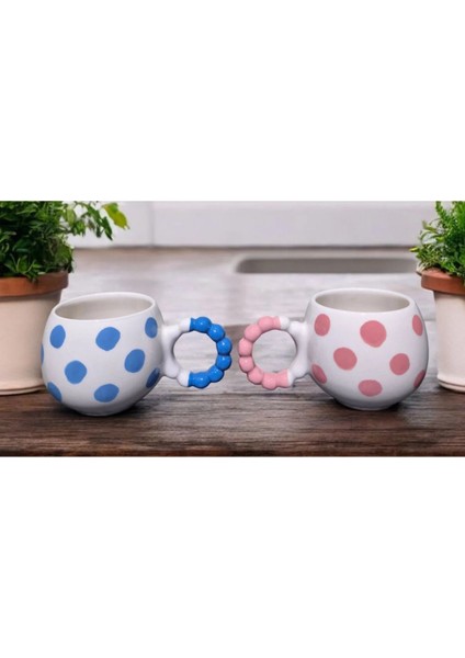 2 ' Li Inci Kulp Pembe - Mavi Puantiye Desenli El Işlemeli Seramik Kupa