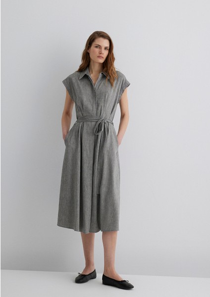 Keten Karışımlı Gri Elbise 1310510-87033