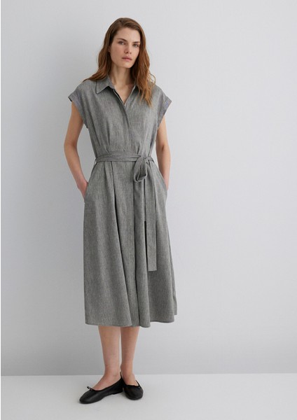 Keten Karışımlı Gri Elbise 1310510-87033