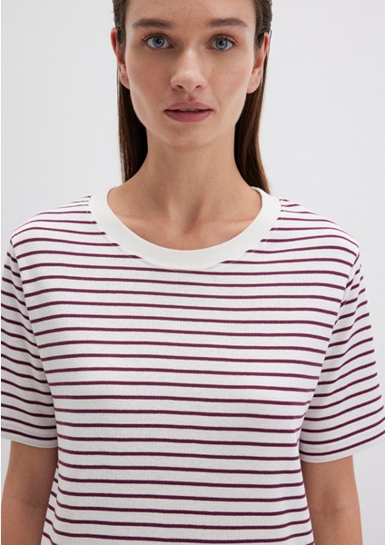 Bordo Çizgili Basic Tişört 1611653-88108