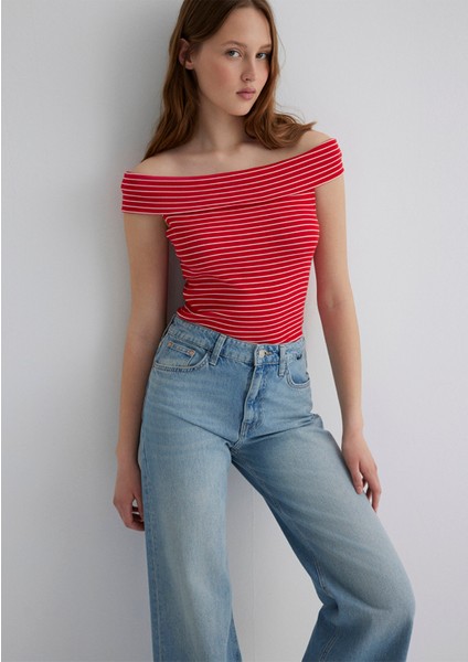 Düşük Omuzlu Kırmızı Çizgili Top 1612866-88688
