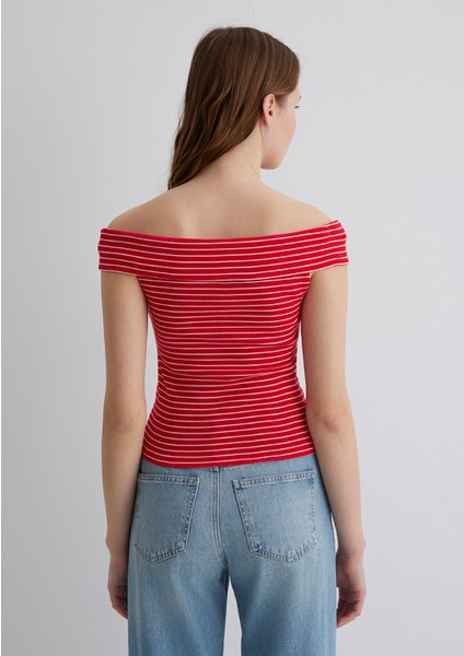 Düşük Omuzlu Kırmızı Çizgili Top 1612866-88688