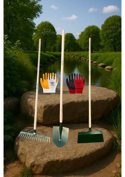 Bahçe Kürek Takviyeli Gelberi Tırmık ve Sapları Eldiven Set