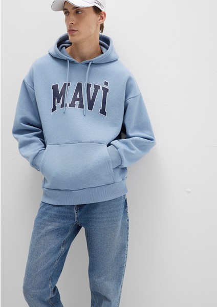 Mavi Logo Baskılı Mavi Kapüşonlu Sweatshirt 067149-86998