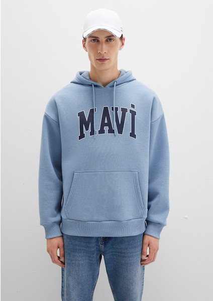 Mavi Logo Baskılı Mavi Kapüşonlu Sweatshirt 067149-86998