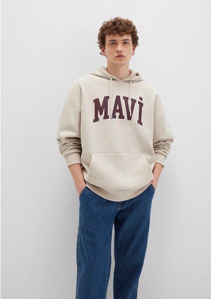 Mavi Logo Baskılı Kapüşonlu Bej Sweatshirt 067149-70004