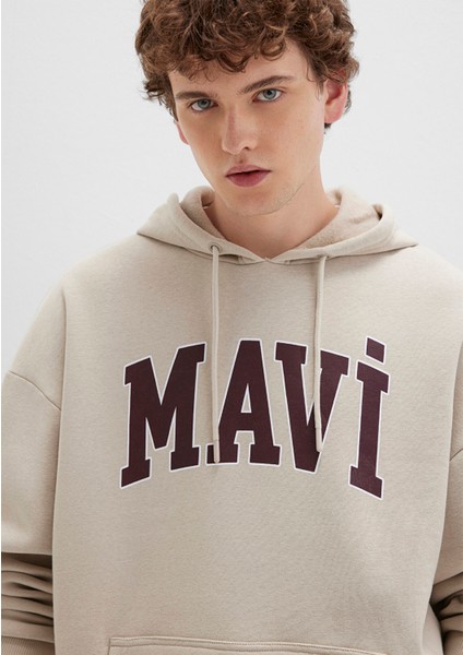 Mavi Logo Baskılı Kapüşonlu Bej Sweatshirt 067149-70004