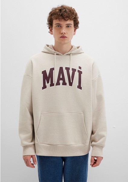 Mavi Logo Baskılı Kapüşonlu Bej Sweatshirt 067149-70004
