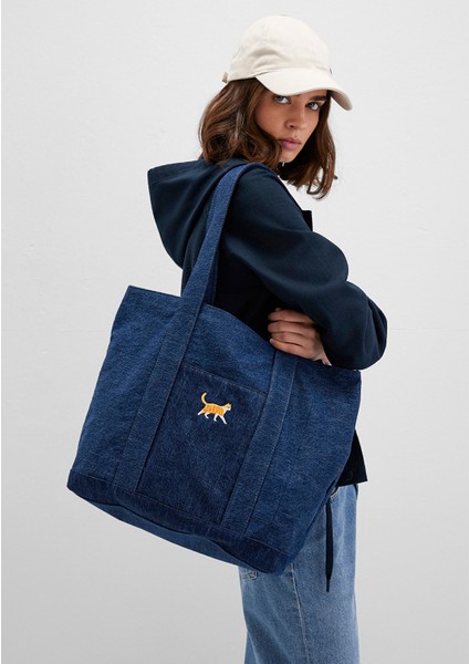 Kedi Nakışlı Denim Omuz Çantası 1913283-10241