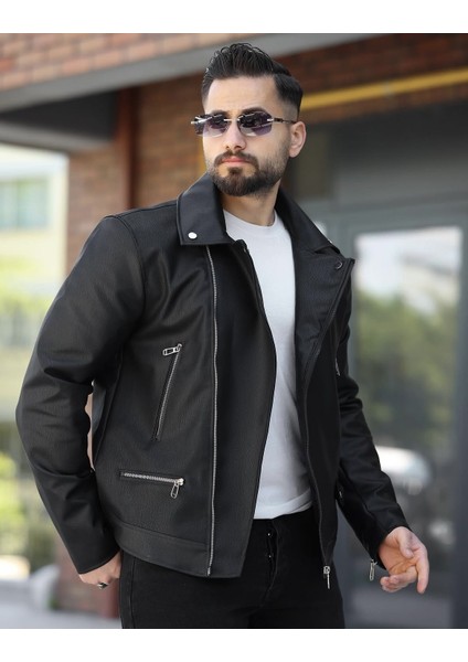 Yeni Sezon Çapraz Fermuarlı Premium Erkek Deri Ceket Siyah