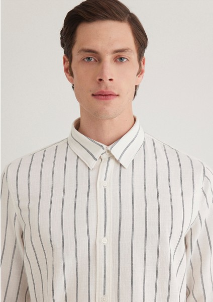 Keten Karışımlı Çizgili Gömlek 0211380-87737
