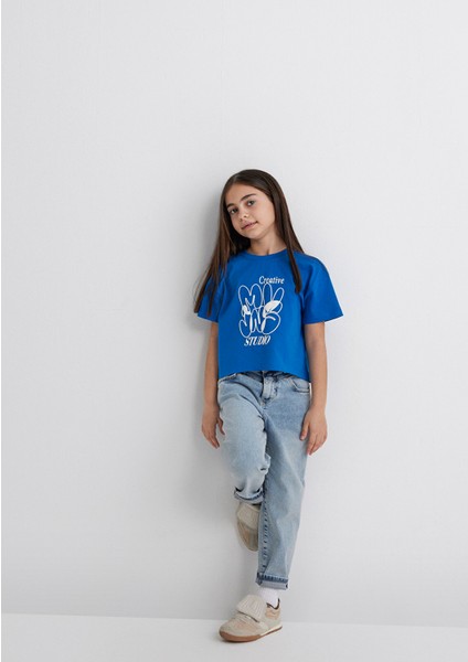 Mvjns Baskılı Crop Mavi Tişört 7610275-70910