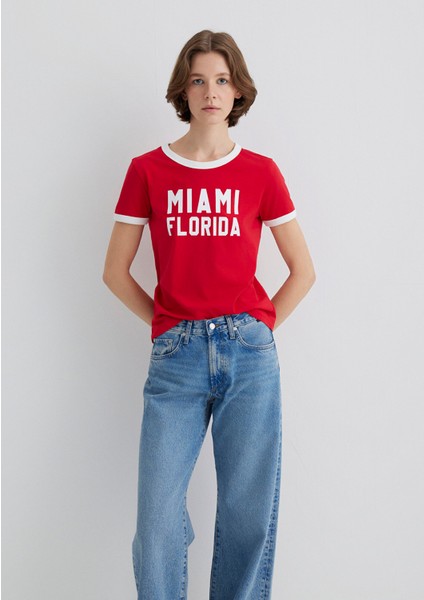 Florida Baskılı Beyaz Biyeli Kırmızı Tişört 1613062-70467