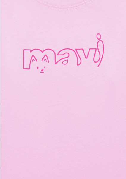 Mavi Logo Kedi Baskılı Pembe Tişört 7610338-70973