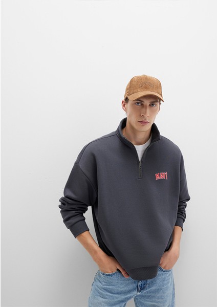 Mavi Logo Baskılı Yarı Fermuarlı Antrasit Sweatshirt 0S10208-80106