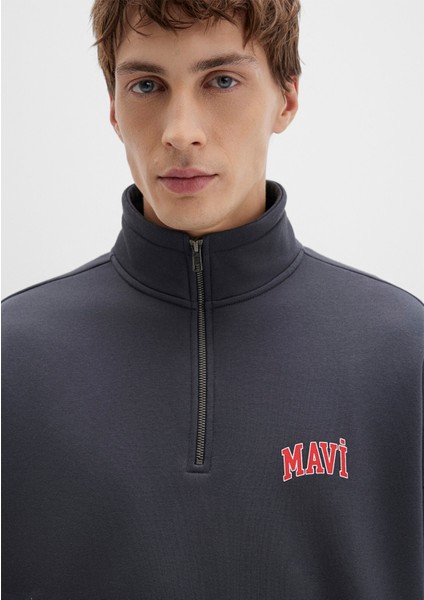 Mavi Logo Baskılı Yarı Fermuarlı Antrasit Sweatshirt 0S10208-80106
