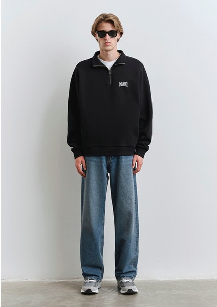 Mavi Logo Baskılı Yarı Fermuarlı Siyah Sweatshirt 0S10208-900