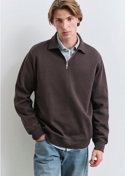 Polo Yaka Yarı Fermuarlı Kahverengi Sweatshirt 0S10414-70219